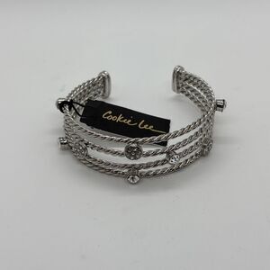 Cookie Lee Crystal Set Cuff Bracelet Twisted Silver Tone Metal Bands